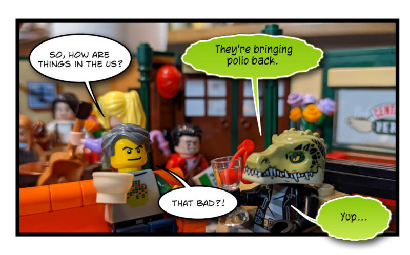 DavidB and Gator in Lego form are chatting in a Lego coffee shop. DavidB asks "So, how are things in the US?" Gator replies "They're bringing polio back." DavidB: "That bad?!" Gator: "Yup."